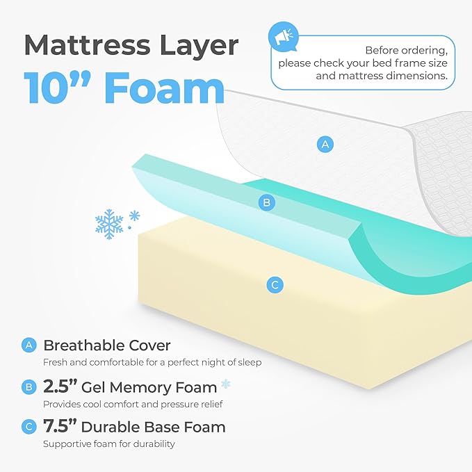 Neo Sleep 10 Inch Cal King Cooling Gel Memory Foam Medium Firm Mattress Cool Sleep Pressure Relief CertiPUR-US Certified Foam, Mattress-in-a-Box Kids and Adults No Fiberglass (California King, 10 in)