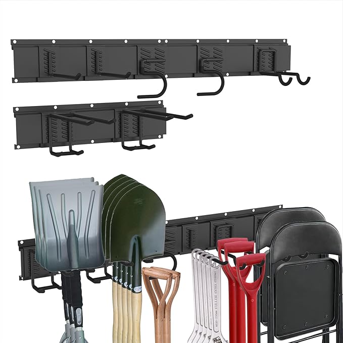 CBWLWJ Garage Tool Organizer Wall Mount, 48 inch Garage Wall Organizer, 400lbs Sturdy Garden Tool Organizer with 7 Adjustable Hooks, for Yard, Shed, Basement, Workshop(Black)
