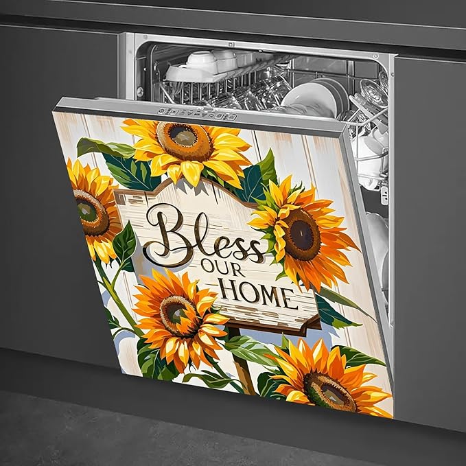 Dishwasher Magnet Cover 23x26 in Country Bless Our Home Sunflower Design on Wooden Board Dishwasher Cover for Kitchen Appliance Decoration Front Panel Sticker Rustic Panel Home Decor Decal