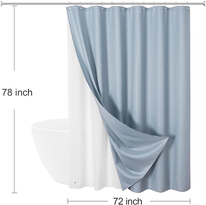 3 in 1 Long Blue Shower Curtain Set-72 W x 78 H, Fog Blue Waffle and PEVA Liner Set with 12 Stainless Steel Hooks, Waterproof Fabric for Bathroom