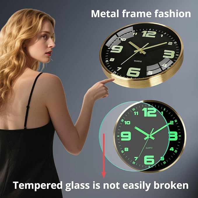 12-inch wall clock, powered by AA batteries, silent operation, large font