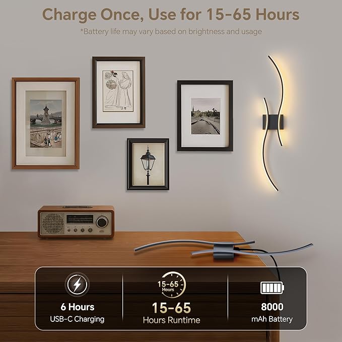 Battery Operated Wall Sconces Set of 2, Dimmable Modern LED Rechargeable Wall