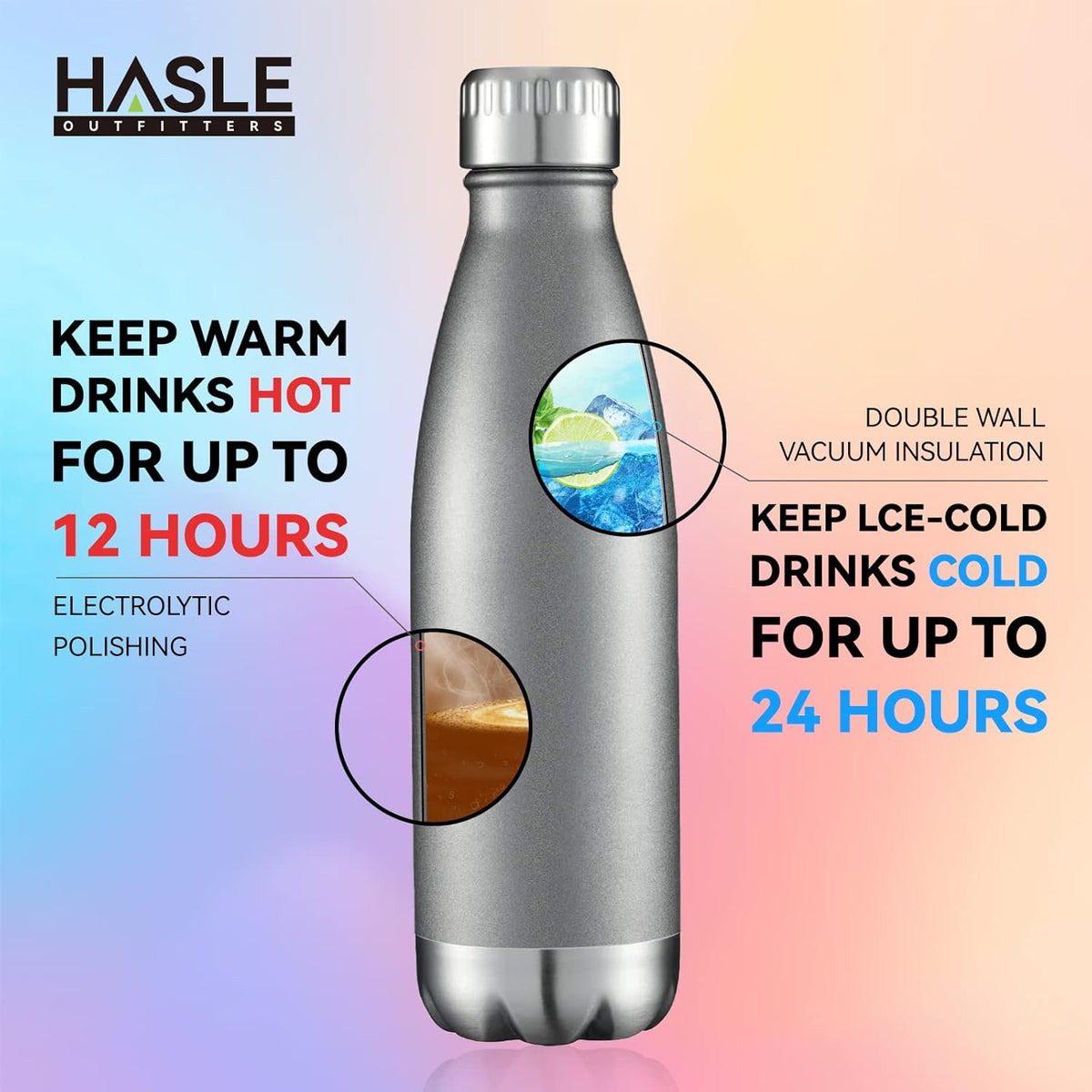 HASLE OUTFITTERS 17oz Stainless Steel Water Bottles Bulk, Vacuum Insulated Water Bottles Double Walled Reusable Metal Sports Water Bottles Keep Drinks Hot and Cold, Gray, 8Packs