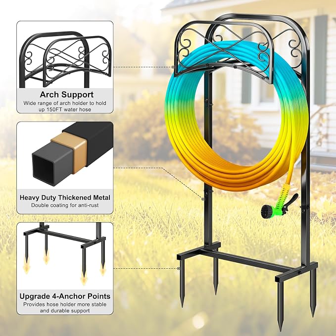 Gtongoko Garden Hose Holder for Outside 43" Heavy Duty Freestanding Water Hose Holder with 4 Stable Spikes Metal Hose Stand Holds Up to 150FT Hose & 44LB Detachable Hose Storage for Yard Lawn Patio
