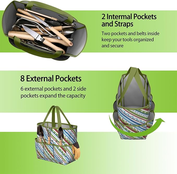 Boho Garden Tool Bag - Waterproof Floral Garden Tote with 8 Pockets, Large Storage Home Organizer Gardening Tool Oxford Bag for Garden Tools Kits Holder, Ideal Outdoor Gardening Gift for Women & Men