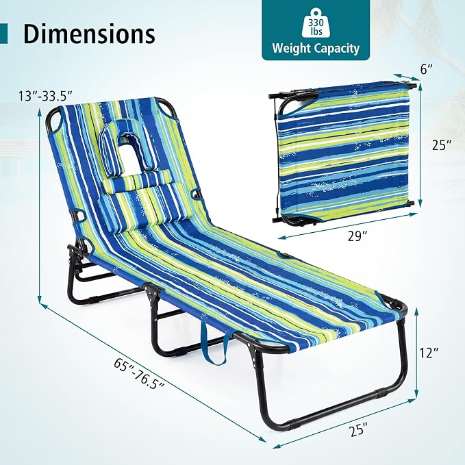 GYMAX Tanning Chair, 330lbs Beach Lounge Chair with Face Hole, Washable Pillow & Carry Strap, Adjustable Folding Chaise Lounge, Layout Chair for Outside, Patio, Poolside, Lawn (1, Stripe)