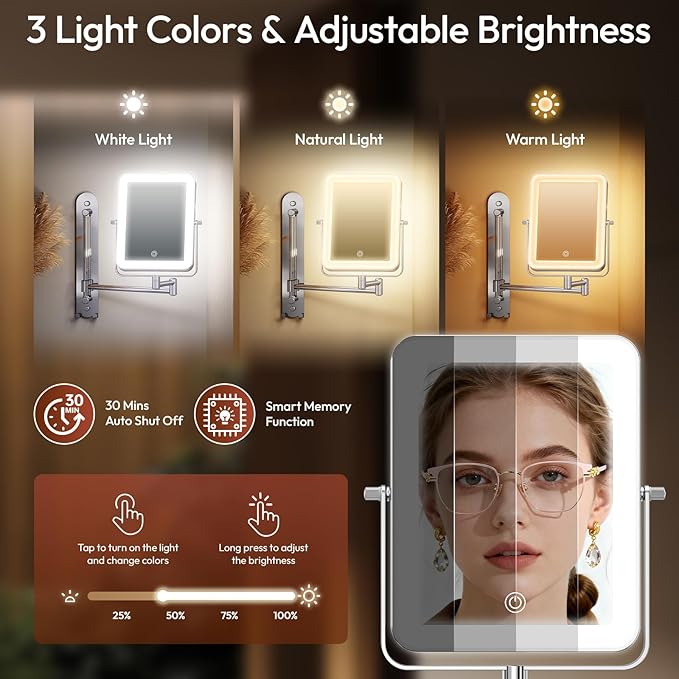 Height Adjustable Wall Mounted Lighted Makeup Mirror