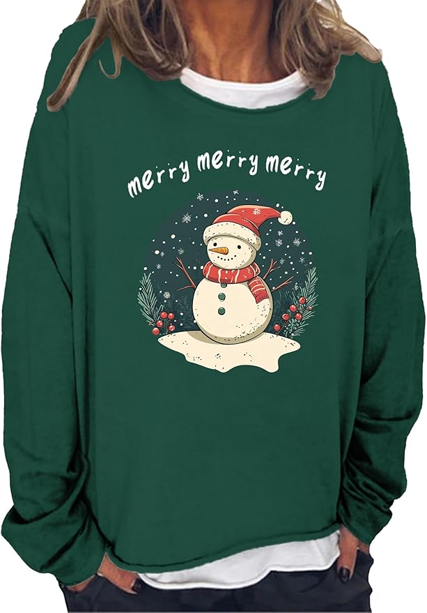 LOAIHA Christmas Shirts for Women Crewneck Snowman Snowflake Santa Graphic Shirts Christmas Tree Long Sleeve Xmas Hoodie