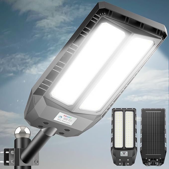 6000W Solar Street Lights Outdoor, 7000K Solar Light Outdoor LED Street Light Dusk to Dawn, LED Wide Angle Lamp with Motion Sensor and Remote Control, for Parking Lot, Yard