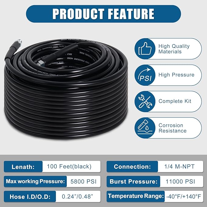 100FT Sewer Jetter Kit for Pressure Washer, 5800PSI Drain Cleaner Hose 1/4 Inch NPT Corner with 4 Sewer Jetting Nozzles，Waterproof Tape，Pearl Corsage Pin，Handle Strap & 2 Spanners (Black)