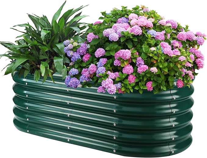 YSEJOMP 17" Tall Outdoor Garden Raised Garden Bed Kits, 4ft X 2ft Oval,0.8MM Thick Metal Raised Planter Bed/Ground Planter Box for Variety of Flowers,Herbs,Vegetables (Dark Green, 48X24X16.5 Inches)