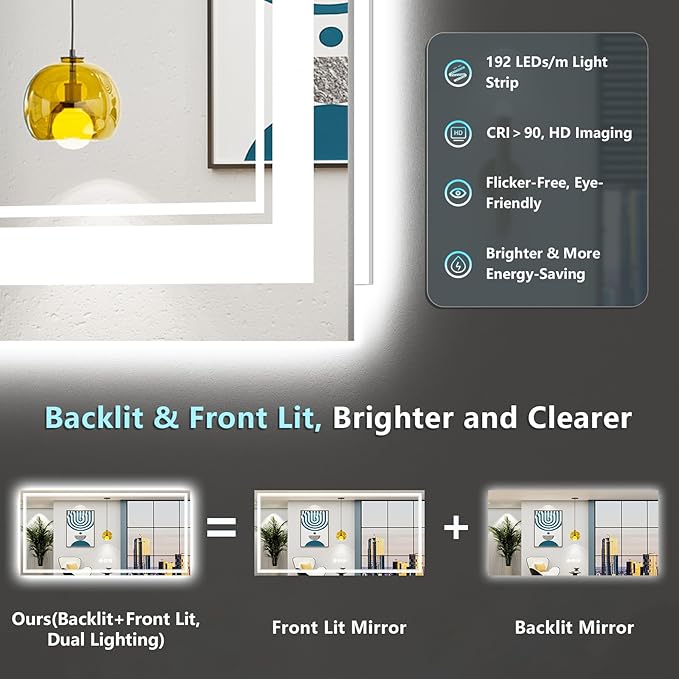 84x32 LED Bathroom Mirror with Lights, Backlit and Front Lit Anti-Fog Lighted