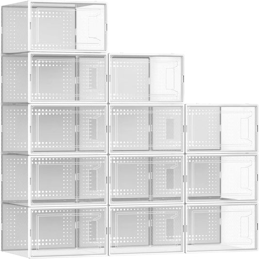 Secret Space 12 Pack XX Large Shoe Storage Organizer for Closet, Modular Space Saving Shoe Boxes Clear Plastic Stackable Containers Display Case Bins with Lids, Shoe Rack for Sneaker Storage, White02