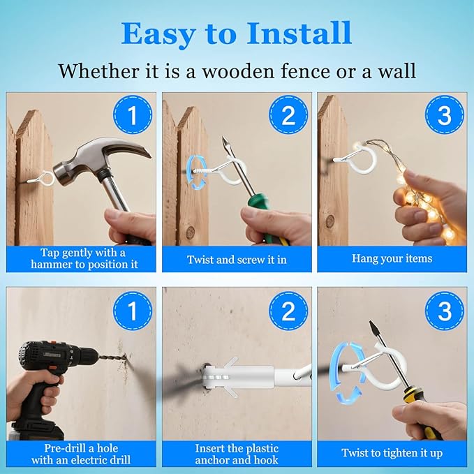 36 Pack White Screw Hooks with Safety Buckle - 2.3 Inch Rustproof Eye Ceiling Hooks for Hanging Plants,Outdoor String Lights,Baskets,Christmas Lights & Decor,40lb Capacity (36, White)