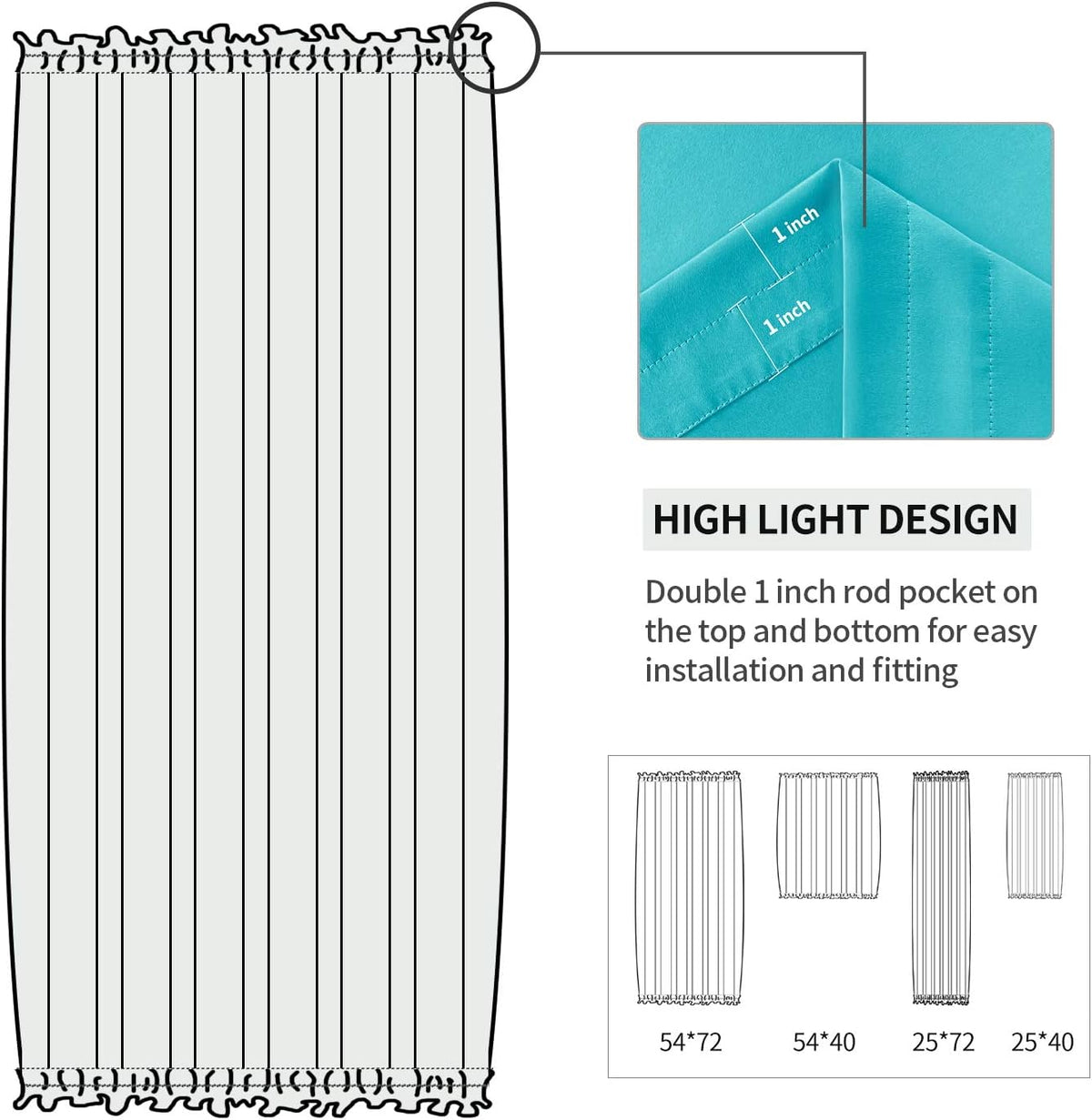 DWCN French Door Curtains – Rod Pocket Thermal Blackout Curtain for Window/Doorways/Kitchen/Classroom/Patio Doors for Privacy, 25W by 72L Inches, 1 Panel with Tieback, Turquoise