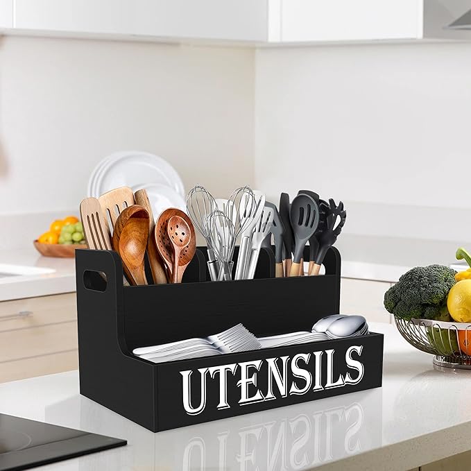 Suli Kitchen Utensils Holder, White Wooden Utensil Organizer for Kitchen Countertop, Farmhouse Utensil Storage, Rustic Cooking Utensils ,4 Compartments,- Black