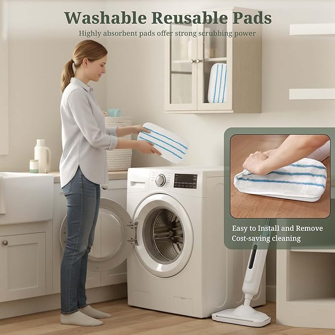 Steam Mop for Floor Cleaning, Lightweight Floor Steamer for Hardwood, Tile, Laminate & Carpet, Quick-Heat Steam Cleaner with Visible Water Tank and 2 Washable Pads, White and Green