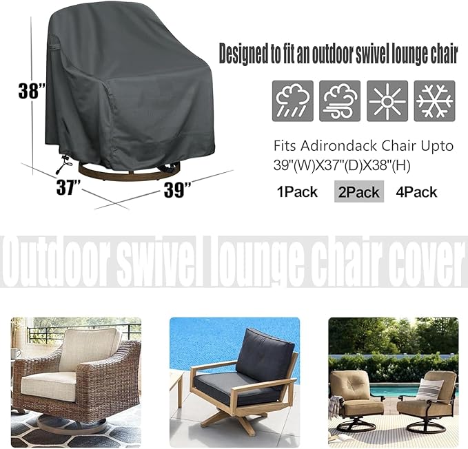 Outdoor Swivel Lounge Chair Cover 2 Pack, Fits to (39" W X 37" D X 38" H) Lawn Patio Chairs, 420D Tear-Resistant, UV Resistant, Waterproof for Furniture Covers, Gray