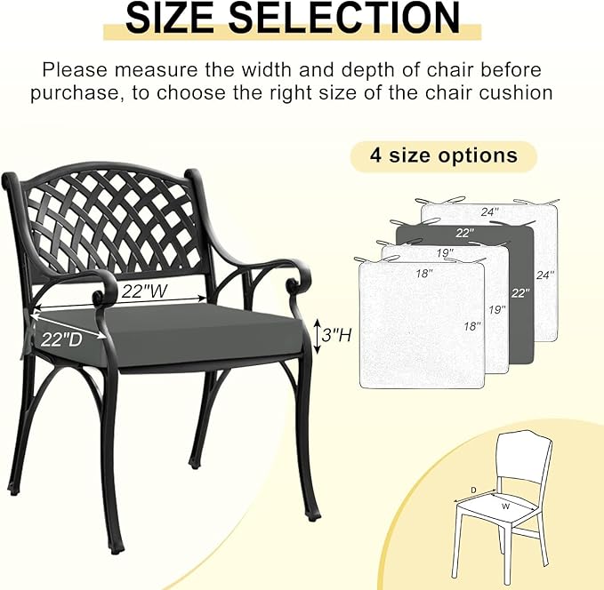 downluxe Waterproof Outdoor Chair Cushions for Patio Furniture, 22" x 22" x 3" Patio Chair Cushion with Non-Slip Ties & Portable Handle, Square Outdoor Cushion with Removable Cover, Dark Grey, 2 Pack