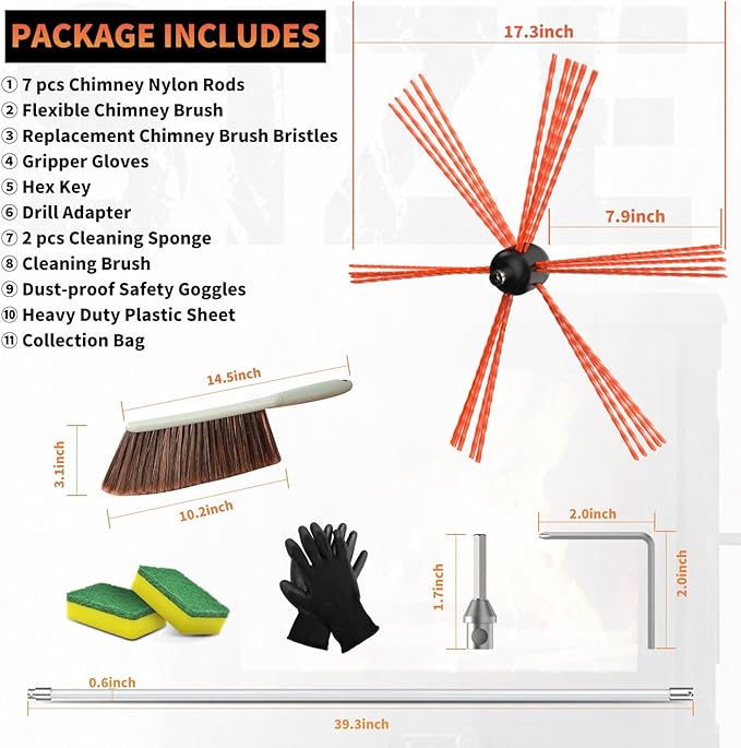 Sealegend 23 Feet Chimney Sweep Kit Chimney Brush, Chimney Cleaning Kit and Rotary Chimney Cleaning System, Fireplace Brush Tool with 7 Nylon Flexible Rods