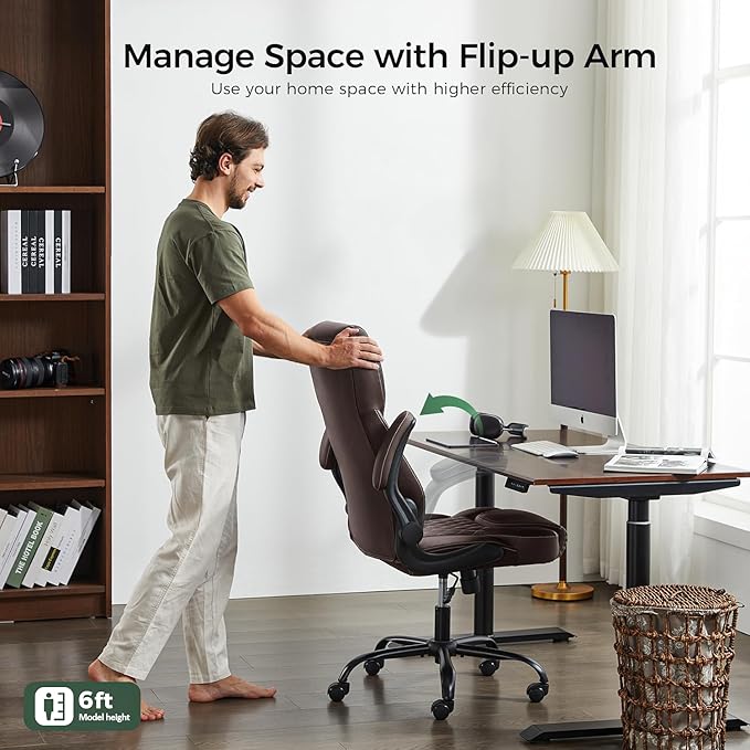 Office Chair, Executive PU Leather Chair, Ergonomic Computer Desk Chair with Lumbar Support and Adjustable Flip-Up Arms, Rocking Task Chair (Brow
