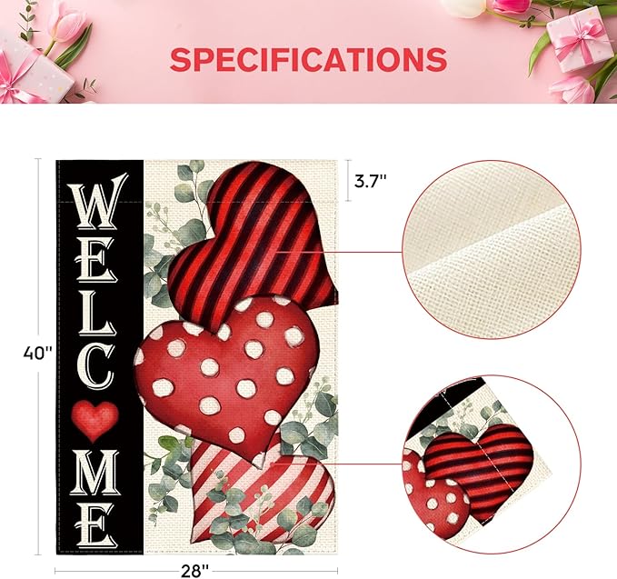 AVOIN colorlife Valentines Day Welcome House Flag 28x40 Inch Outside Double Sided, Anniversary Love Heart Rustic Yard Outdoor Decoration