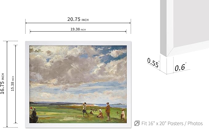 Poster Master Vintage Lady Astor Playing Golf at North Berwick Painting Poster - Retro Golf Course Print - Golf Art - Sports Art - Landscape Art - Office or Living Room Decor, 16x20 White Framed