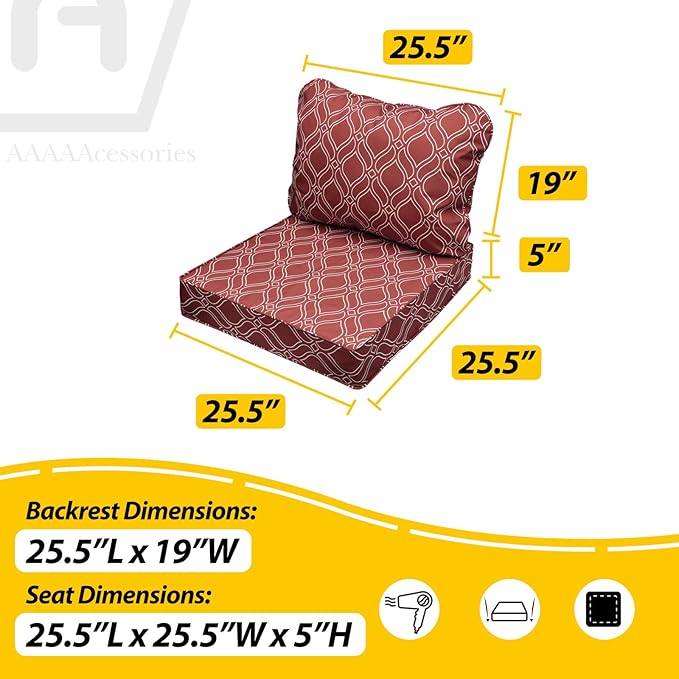 AAAAAcessories Outdoor Seat Cushions for Chairs, Fade-Resistant, Waterproof Patio Furniture Replacement Cushions, 25.5" x 25.5" x 5" + 25.5" x 19", Clay Red Vine Trellis