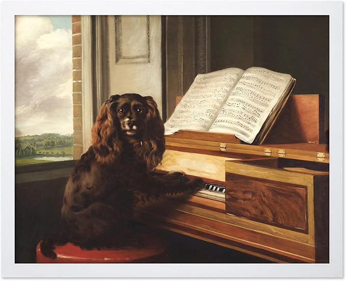 Poster Master Vintage Portrait of an Extraordinary Musical Dog Poster - Retro Dog Print - Puppy Art - Music Art - Piano Art - Animal Lover Art - Living Room or Office Decor, 16x20 White Framed