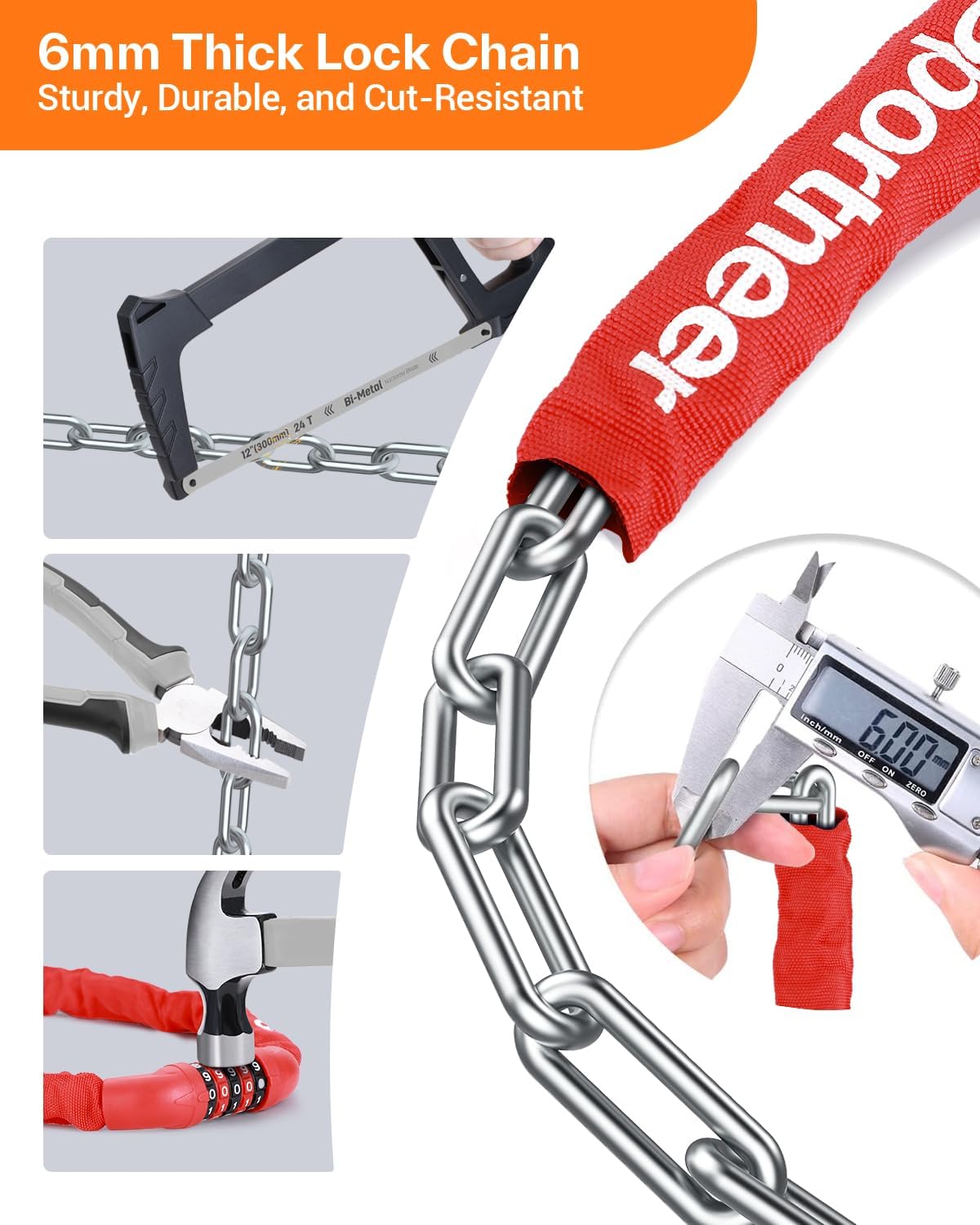 Sportneer Bike Lock - High Security 5-Digit Combination Anti-Theft Chain Lock | 3.2/3.6/4ft Heavy Duty for Bicycles, Motorcycles, Scooters, and Gates - 4/6mm Thick, Keyless Design