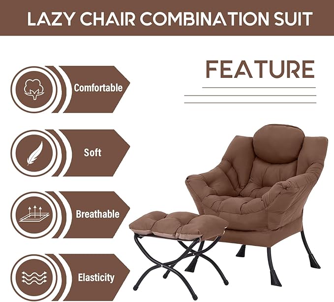 LITA Lazy Chair with Ottoman, Modern Accent Leisure Upholstered Sofa Chair, Contemporary Lounge Reading Chairs with Armrests and a Side Pocket for Living Room, Bedroom & Small Space, Dark Brown