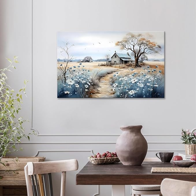 CYULWNNO Rustic Farmhouse Wall Art Beautiful Field Painting Pictures Decor Wildflower Barn Canvas Prints Nature Scenery French Countryside Poster for Bathroom Bedroom Living Room Wall Decor 12x16in Framed