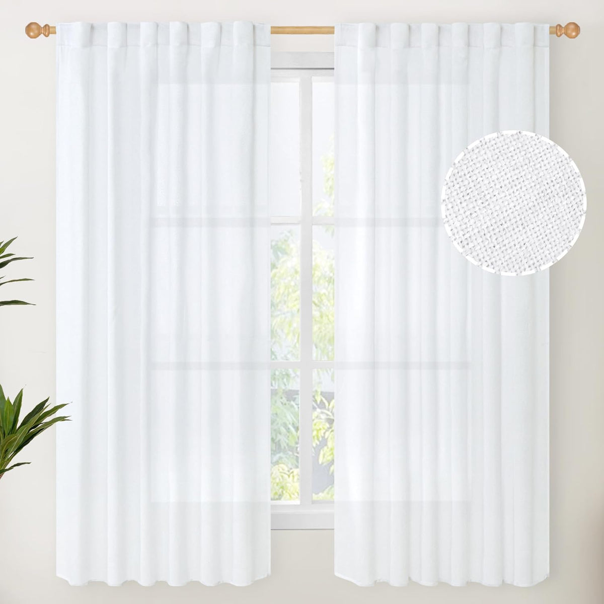 YoungsTex 63 Inch Length White Linen Curtains 2 Panels for Living Room, Light Filtering Drapes Semi Sheer with Rod Pocket Back Tab Lightweight for Bedroom, 52 X 63 Inch