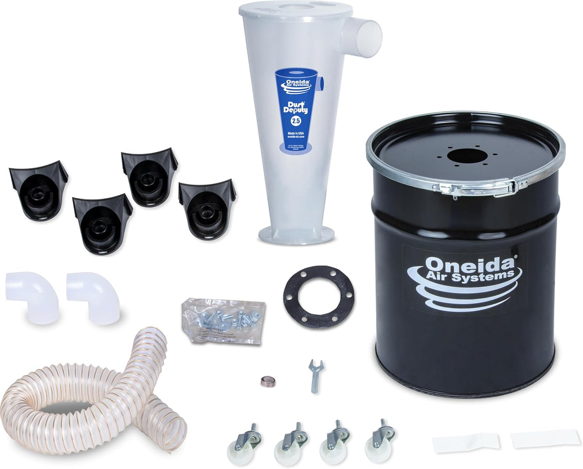 Oneida Air Systems Dust Deputy 2.5 Deluxe Cyclone Separator Kit with 10-Gallon Mobile Steel Dust Bin for Wet/Dry Shop Vacuums (DD 2.5 Deluxe 10-Gal)