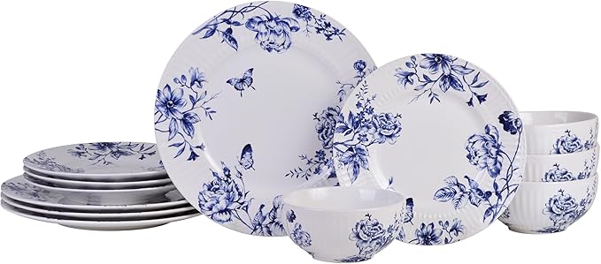 222 Fifth 12-Piece Porcelain Dinnerware Set for 4, White & Blue Plates and Bowls Set, Glossy Ceramic Dish Set with Embossed Toile Pattern, Elegant Kitchen Dishes, Microwave & Dishwasher Safe, Cassian