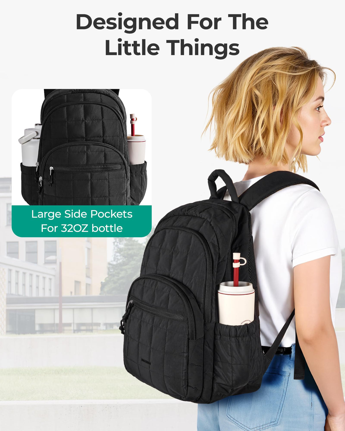 BAGSMART College Laptop Backpack, Travel Backpack for Women, Quilted Casual Daypack, Water-Resistant Bookbag for 15.6 Inch Laptop, Black