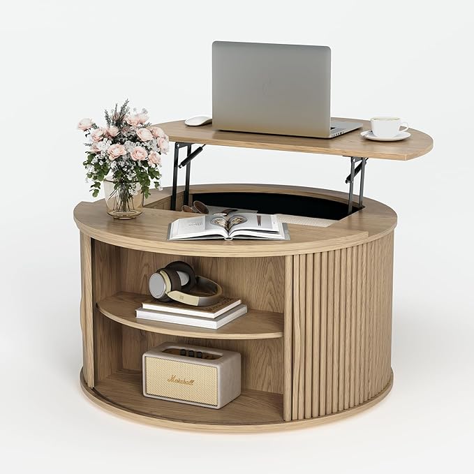 31.5" Round Lift Top Coffee Table,Natural Oak Modern Fluted Drum Center Table with Hidden Storage, Japandi Scandi Wood Circle Desk for Boho Living Room & Apartment