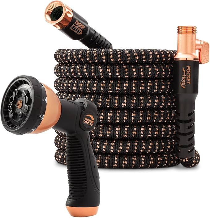 Pocket Hose 75 FT Copper Bullet Expandable Garden Hose w/10 Pattern Thumb Spray Nozzle AS SEEN ON TV 650psi 3/4 in Patented Lead-Free Ultra-Lightweight Solid Copper Anodized Aluminum