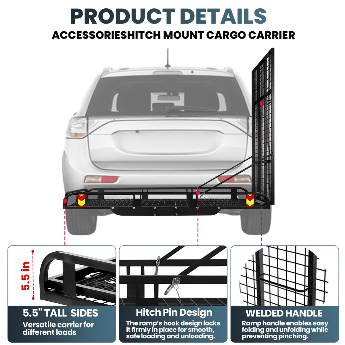 55"x34" Trailer Hitch Cargo Carrier, 1000LBS Hitch Cargo Carrier with Ramp, Folding Aluminum Alloy Mobility Scooter Carrier, Wheelchair Carrier for Car with 2" Receiver & Reflective Strips for Truck