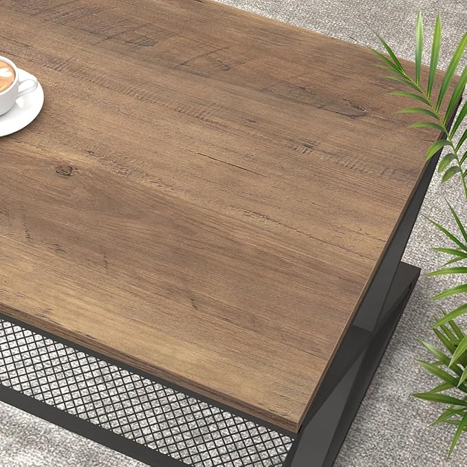 LVB Wood Coffee Table, Metal Wooden Living Room Table with Storage, Industrial 2 Tier Cocktail Tea Table with Mesh Shelf, Farmhouse Rectangular Low Middle Tables for Office Bedroom, 39 inch Rustic Oak