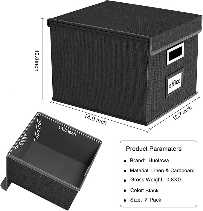 Huolewa File Organizer Boxes with Lids, Collapsible Linen Hanging Filing & Storage Boxes with Plastic Slide for Office/Decor/Home, Filling System for File/Folders/Document Storage -2 Pack