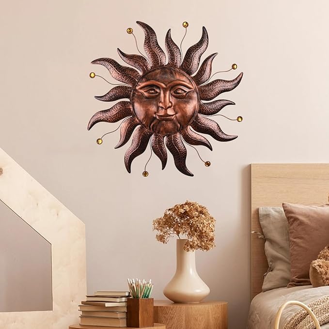 Metal Wall Art Decor Outdoor Inside with Sun Face, 26 Inch Large Outside Sun Metal Decorations Hanging on House, Living Room, Bedroom, Patio, Fence, Yard