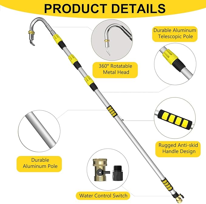 24FT Reach Gutter Cleaning Tools from Ground, Telescopic Rain Gutter Cleaners Tool with Quick Connect Adapter and Heavy Duty Wand for 2nd Story House