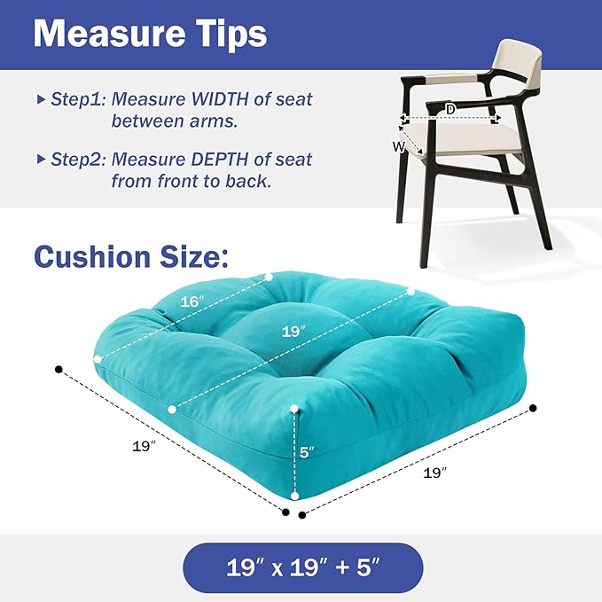 IPYNBAP Outdoor Chair Cushions Set of 2, Patio Chair Cushions with Ties, 19x19+5” Tufted Outdoor Seat Cushions, Waterproof Patio Furniture Cushions, Outdoor Dining Chair Pads, Teal