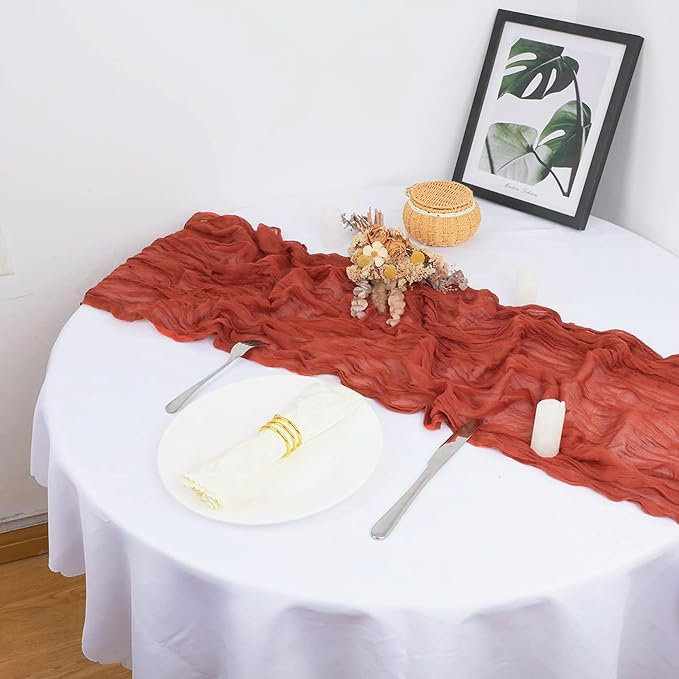 Snowkingdom 10 Ft Fall Thanksgiving Table Runner Terracotta Rust Cheesecloth Gauze, 120 inch Long Burnt Orange Boho Cheese Cloth for Wedding Bridal Shower Rustic Sheer Table Decorations