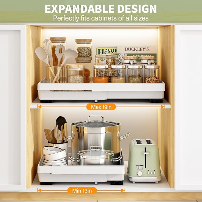 2 Pack Pull Out Cabinet Organizers Expandable (13''-19''), Plastic Slide Out Drawers for Kitchen, Bathroom, Pantry, Under Sink Storage, Pull Out Drawers Fixed with Adhesive Nano Film (White)