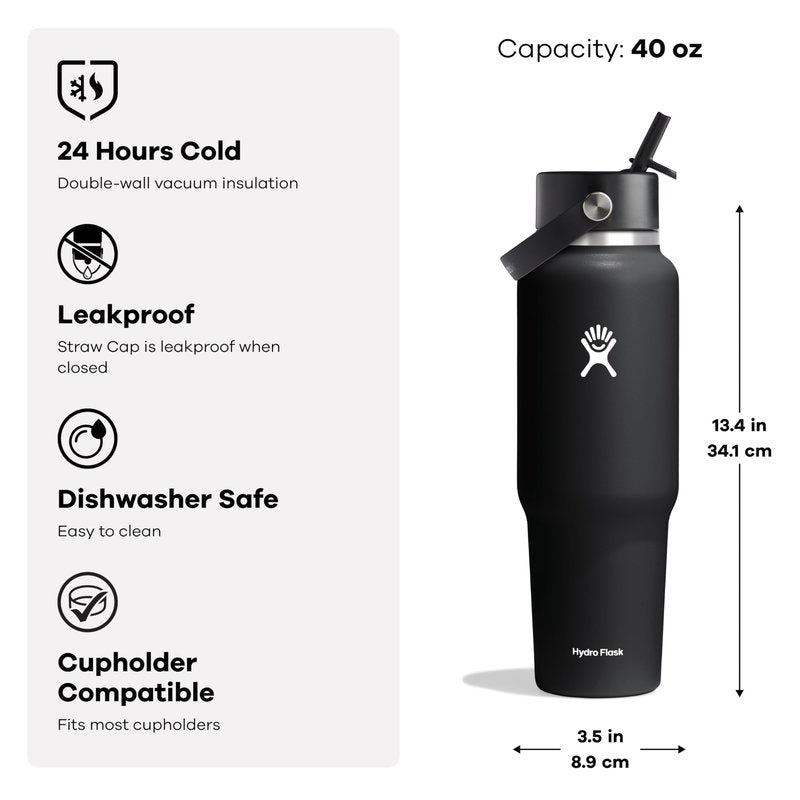 Hydro Flask Travel Water Bottle - Insulated Stainless Steel - Wide Straw Lid, Non Spill, Leakproof in 40 Oz Reef Pink