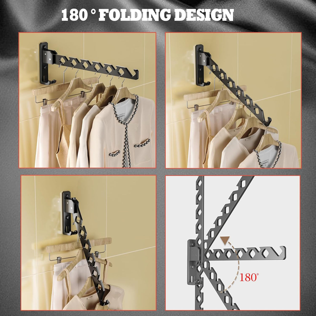 Dr.DJ Wall Mount Coat Hanger Holder Black Clothes Drying Organizer Rack Garment Hooks Aluminium Retractable Folding Indoor Wall Mounted Hanger Space Saver for Laundry Room Bedroom Black 2Pack