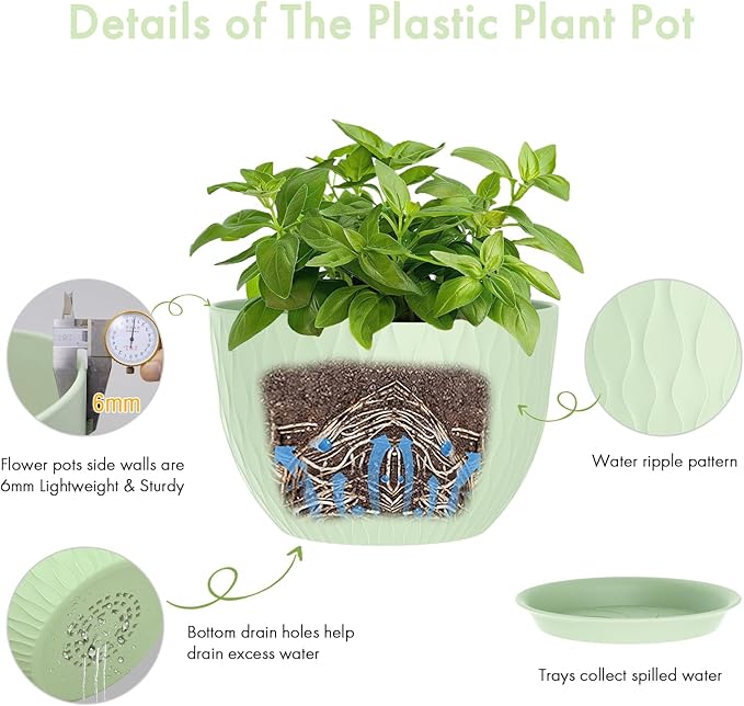 12 Inch Large Plant Pots for Indoor or Outdoor Plants, Wide Water Ripples Flower Pots with Drainage Holes & Saucer, Plastic Planters Set for Garden & Home Decor (Green)