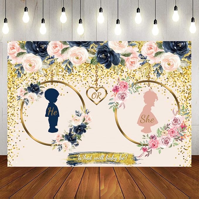 Gender Reveal Backdrop 7x5ft Navy and Blush He or She What Will Baby Be Gender Reveal Backdrop Boy or Girl Pregnancy Reveal Photography Background Baby Shower Backdrop Cake Table Decor